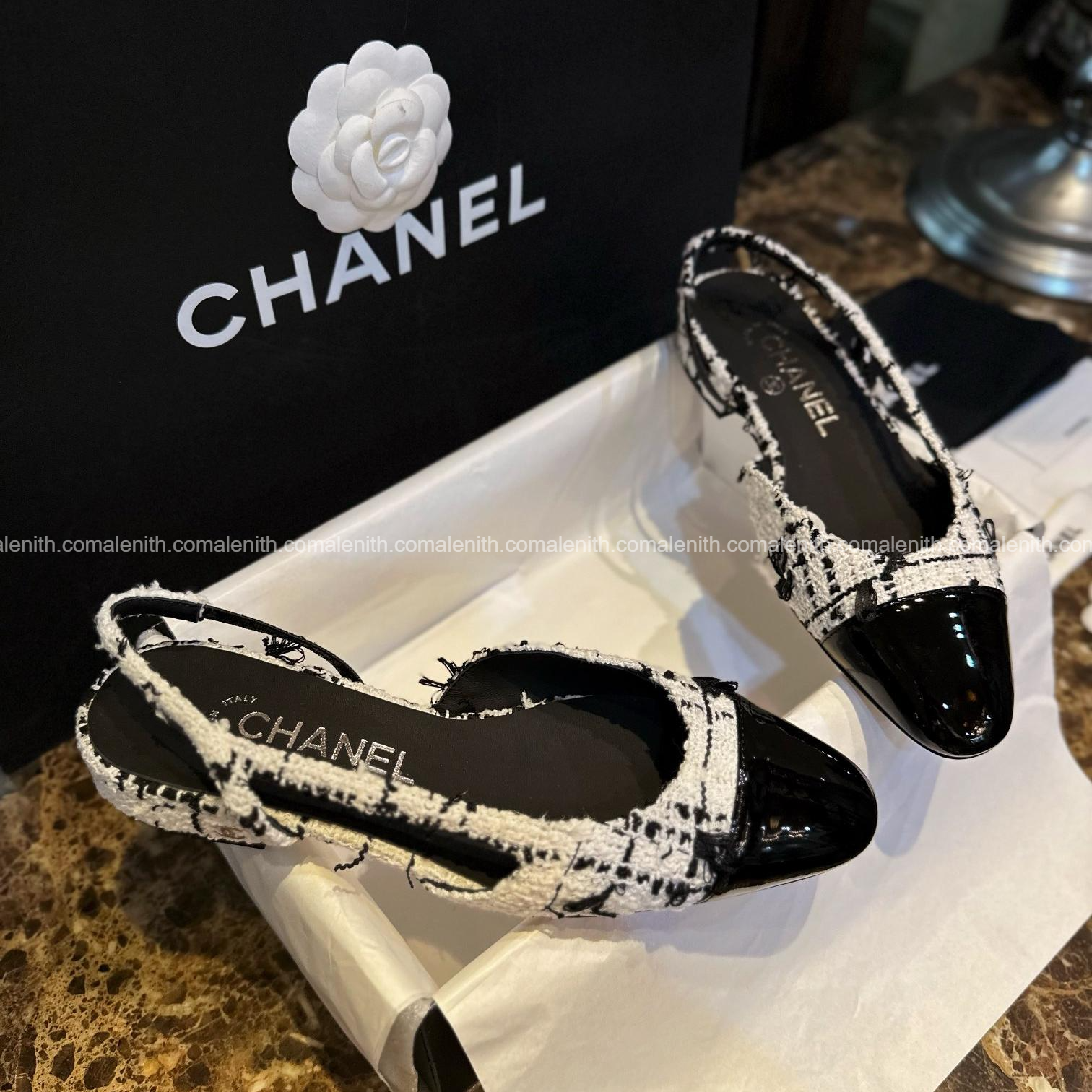 Chanel 22P Black and White Tweed Flat Slingback